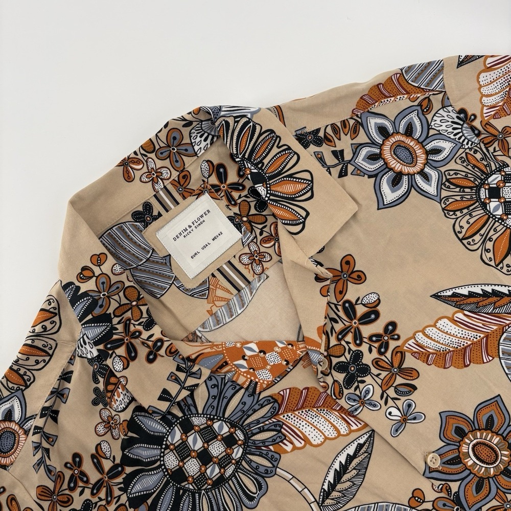 Denim & Flower Ricky Singh Men's Large Shirt Beige Floral Button Up Short Sleeve